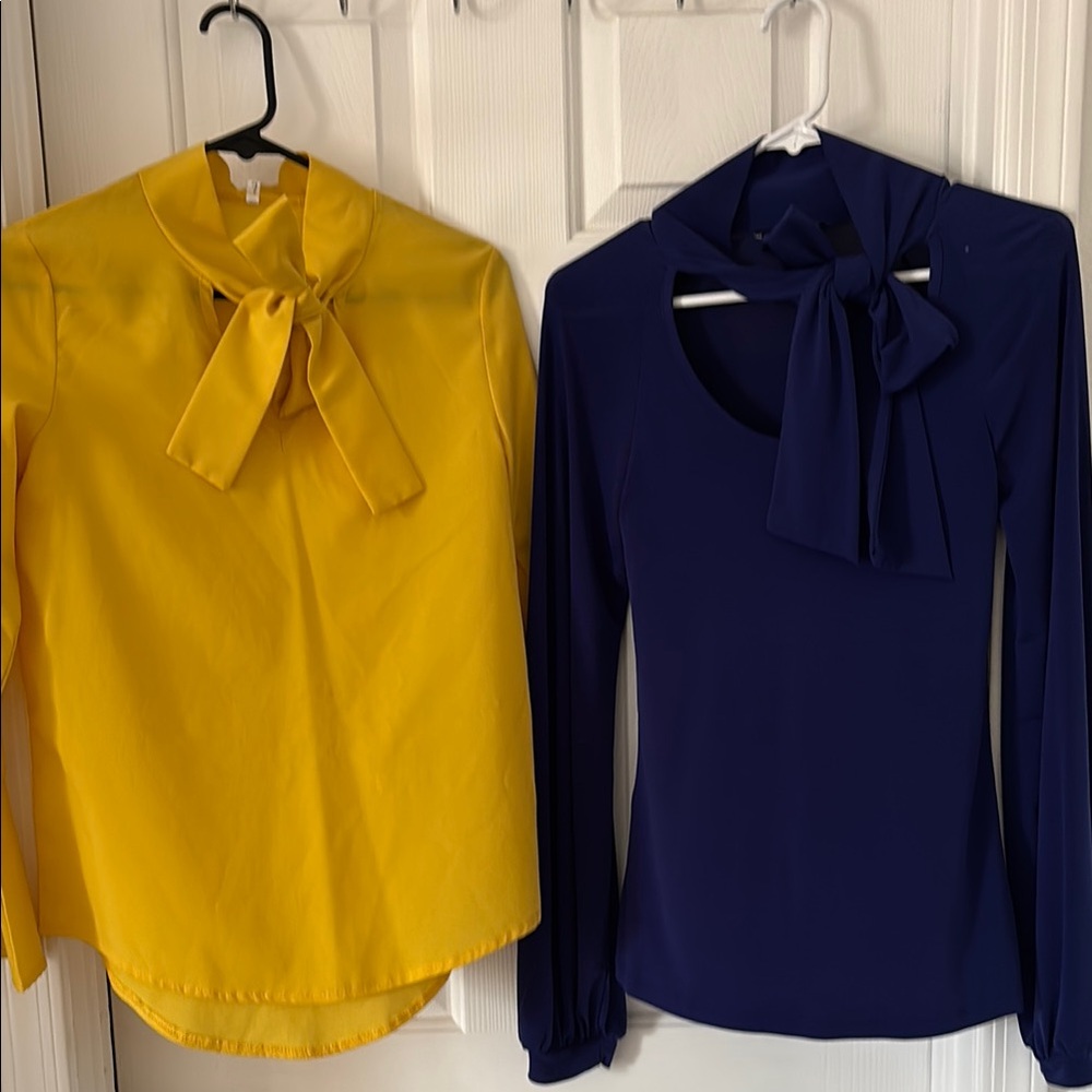 2 Elegant Yellow and Blue Bow Tie Blouses